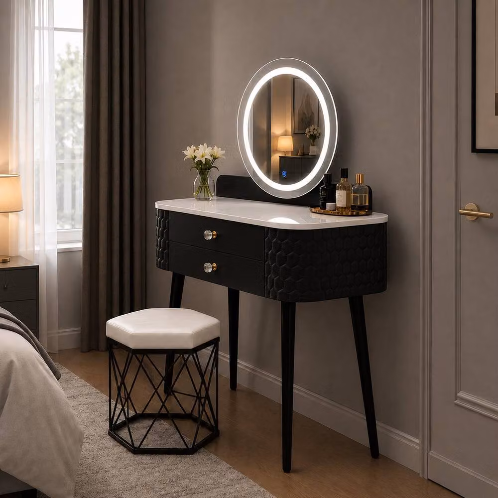 MN Furniture Modern Dressing Table with LED Mirror and Storage Drawer, Black, W: 60 cm, D: 40 cm, H: 127 cm – 2
