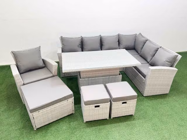 Fimous 10 Seat Rattan Garden Furniture Corner Sofa Set with 3 Footstools and Coffee Table in Light Grey