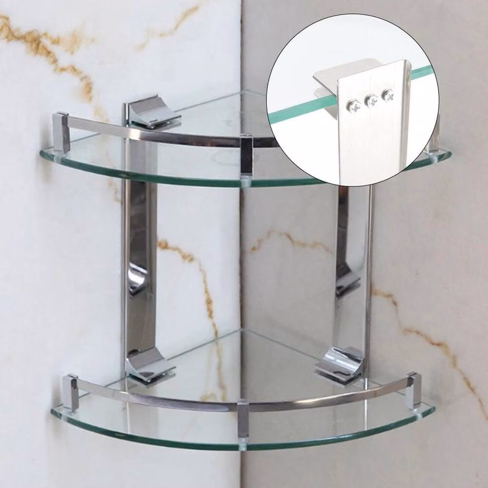 FORGEVIO 2 Tier Glass Corner Shower Caddy in Clear, Wall Mounted, W: 180 cm x D: 180 cm – 2