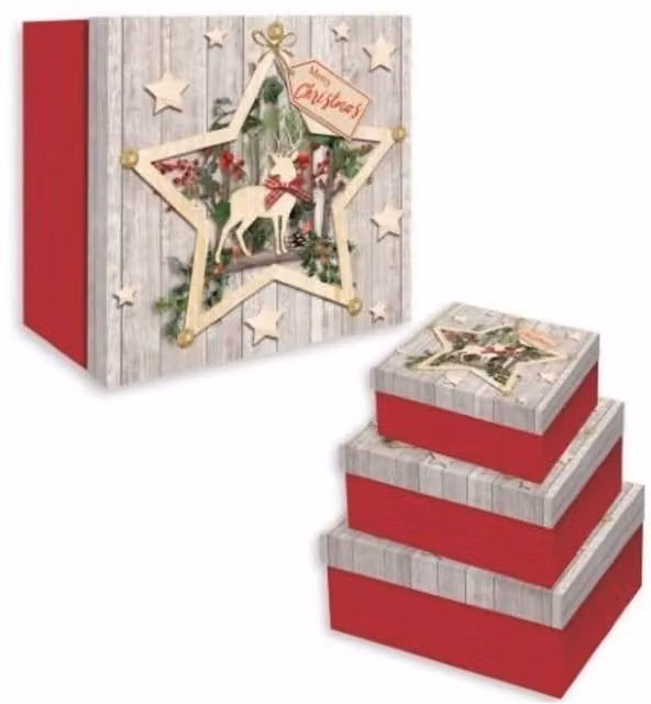 KDMD Set of 3 Multicolour and Red Wooden-Effect Star Nested Gift Boxes