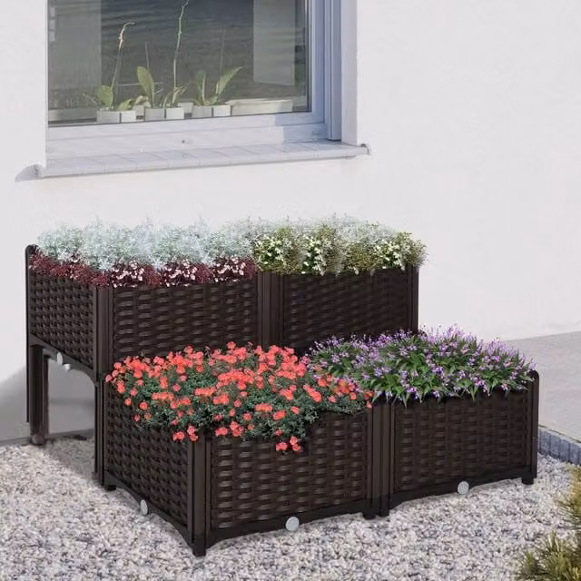 EONLION 4-Piece Brown Plastic Elevated Flower Bed Planter – 1