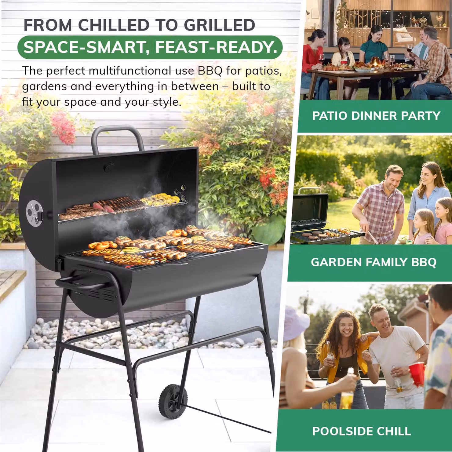 House of Home Black Enamelled Steel Barrel Charcoal BBQ Grill with Offset Smoker, Thermometer and Wheels, W/D/H: 102.5 x 70.5 x 65 cm – 8