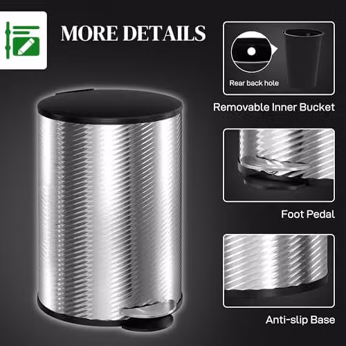 HOMCOM 20L Stainless Steel Pedal Bin with Soft-Close Lid and Removable Inner Bucket, Silver, H 35.0 x W 29.5 x D 20.0 cm – 6