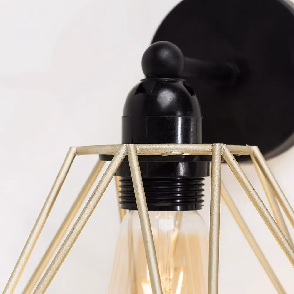 MiniSun Industrial Steampunk Satin Black Pipework Single Wall Light with Gold Metal Basket Cage Shade – 3