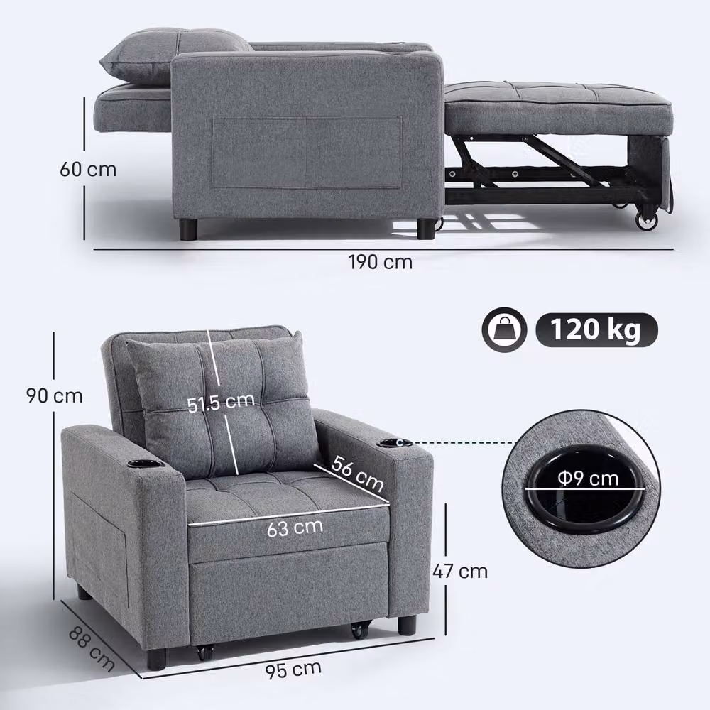 HOMCOM 3-in-1 Convertible Sofa Bed and Sleeper Chair with Adjustable Backrest in Dark Grey – 3