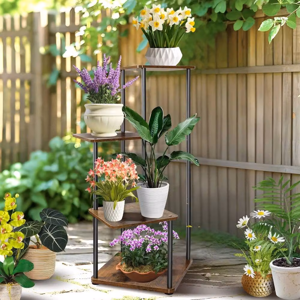 KORVIXA 4 Tier Industrial Metal and Wood Plant Stand Flower Pot Display Rack in Brown – 4