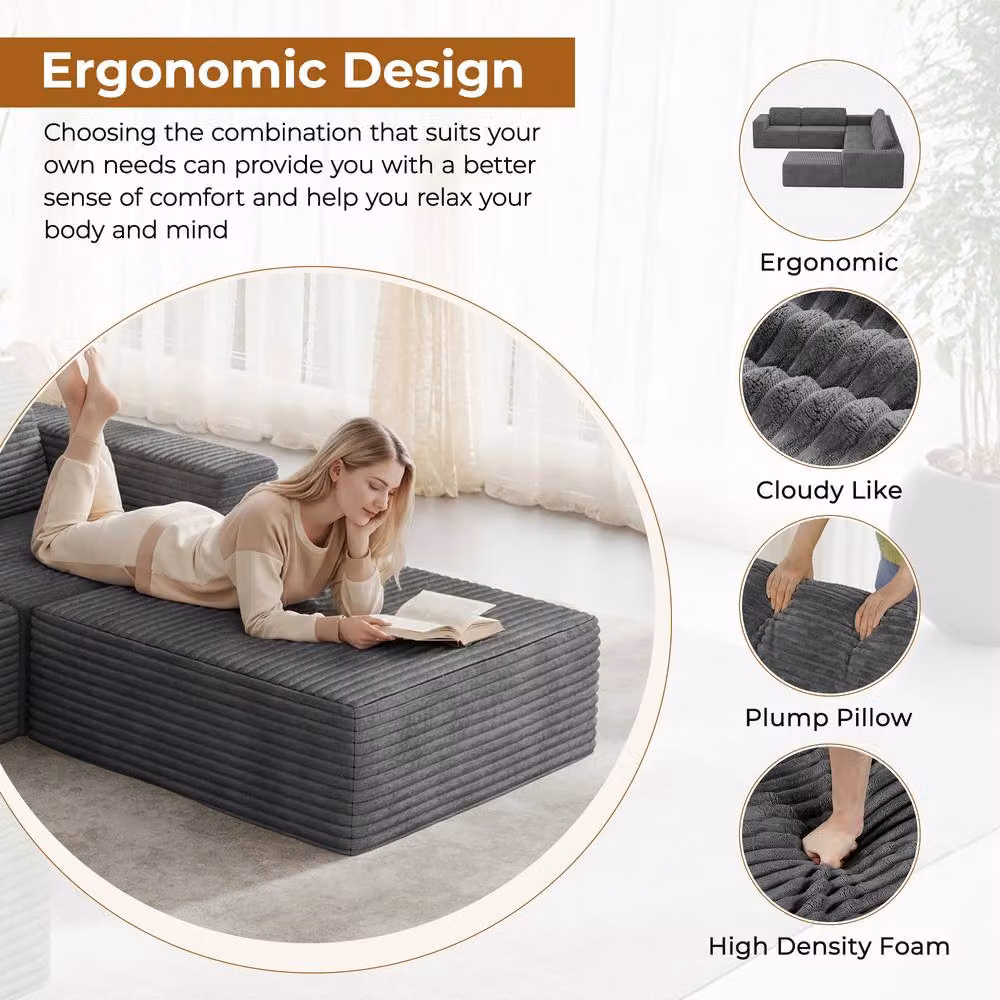 Dprodo Grey Corduroy Modular U-Shape Sofa with Matching Ottoman and Removable Covers – 6