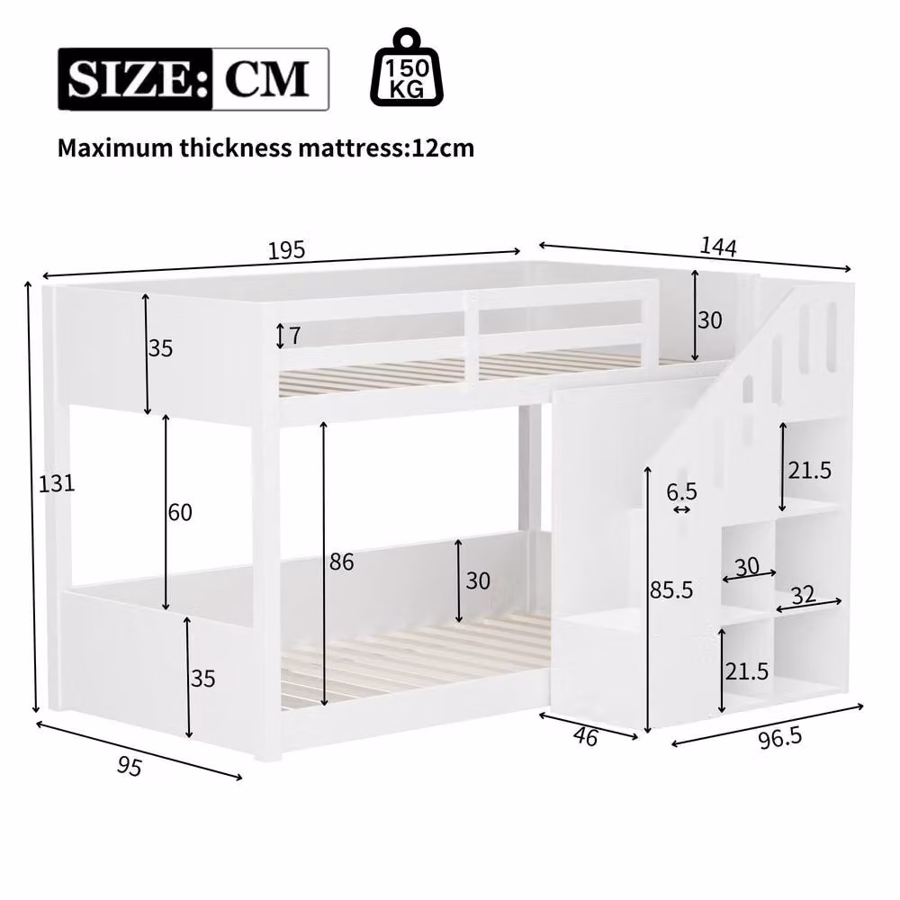 STILVORA White Childrens Bunk Bed with Stairs and Side Compartments, Pine Wood, 90 x 190 cm – 2