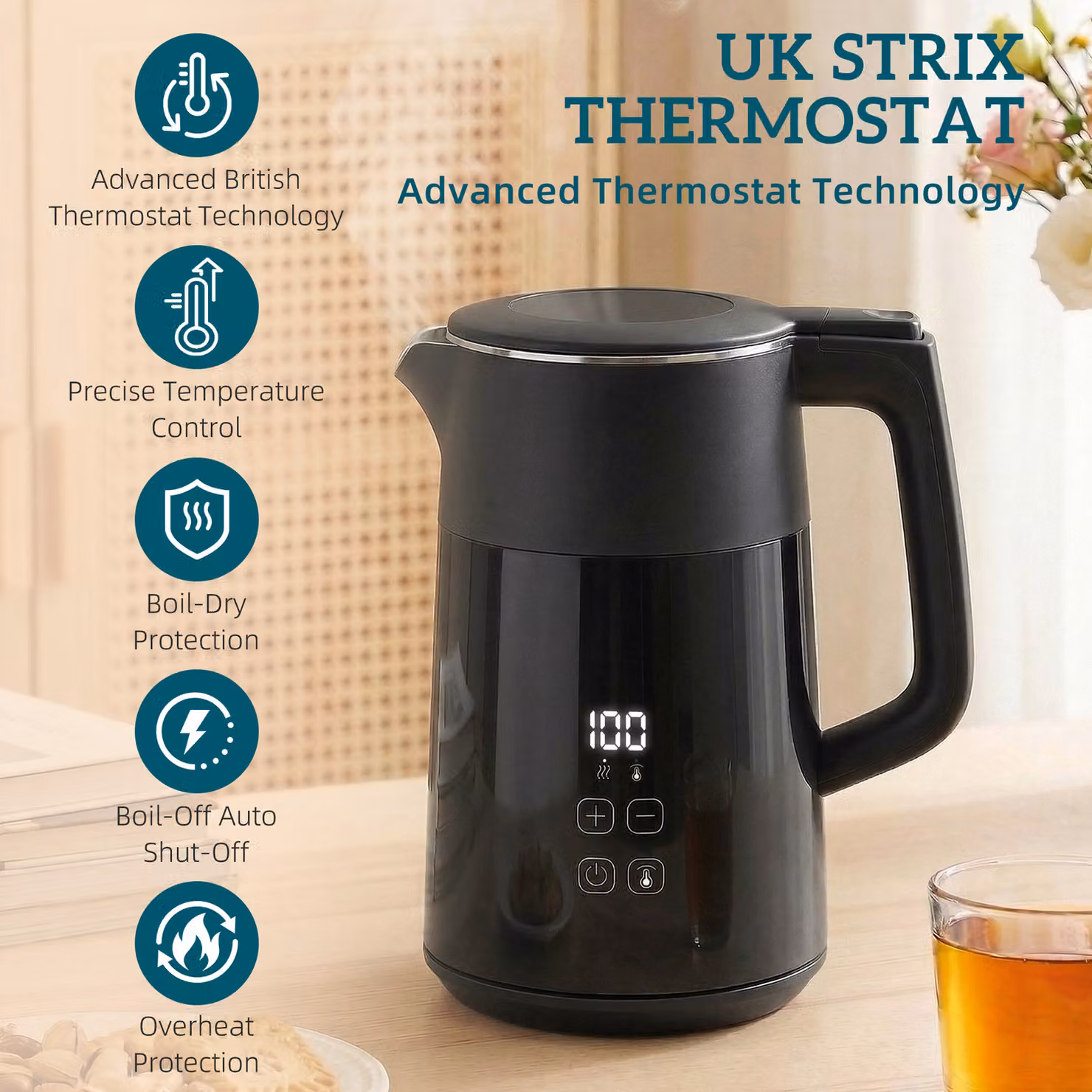 HOMCOM Electric Kettle, 1.7 l Fast Boil 3 kW Water Kettle with UK Strix Thermostat, LED Display and Keep Warm Function, Black – 4
