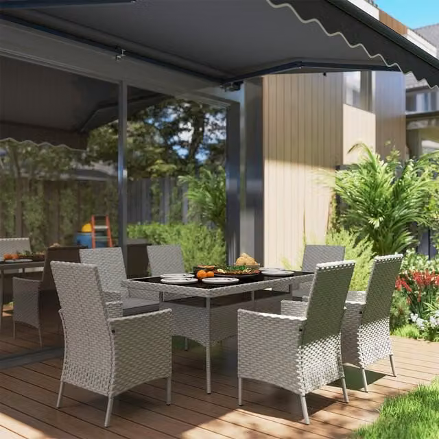 Outsunny 6 Seater Grey Rattan Garden Furniture Set with Cushions and Rectangular Table