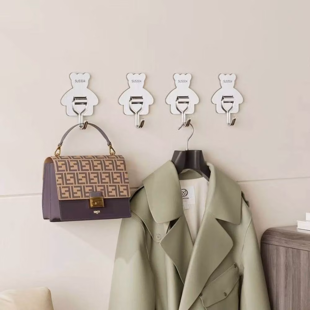 VOGREX 5-Piece Cute Bear Stainless Steel Waterproof Self-Adhesive Wall Hooks in Silver – 3