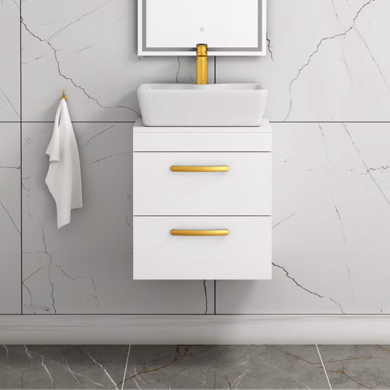 Royal Bathrooms 500mm Wall Hung Gloss White 2 Drawer Vanity Unit with Cube Countertop Basin and Brushed Brass Handle