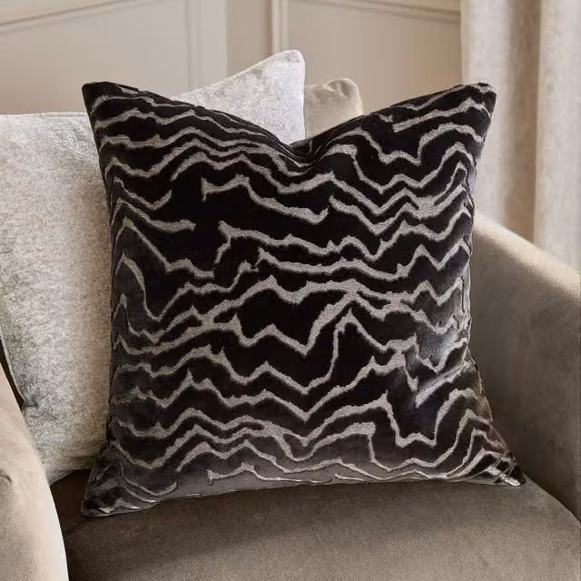 Make It A Home Tierra Cut Velvet Abstract Square Cushion in Black and Feather