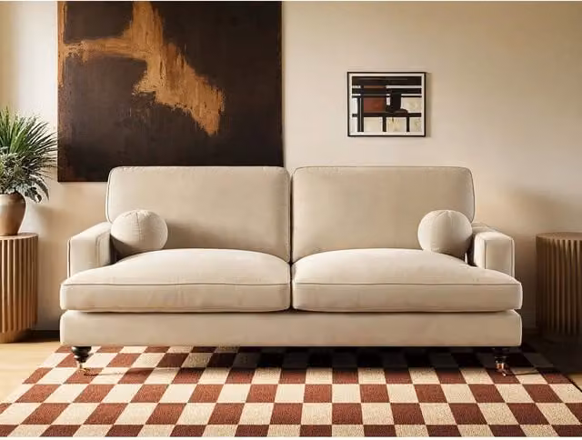 Solace+Co Addison 3 Seater Beige Velvet Sofa with Scatter Cushions