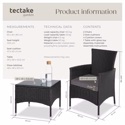 tectake Lucerne Rattan Garden Furniture Set in Black with Beige and Grey Cushions – 6