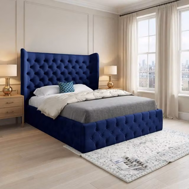 KDMD Ledbury Wide Winged Upholstered Designer Bed Frame in Blue Soft Velvet, Small Double (W/D/H: 120 x 200 cm) – 1