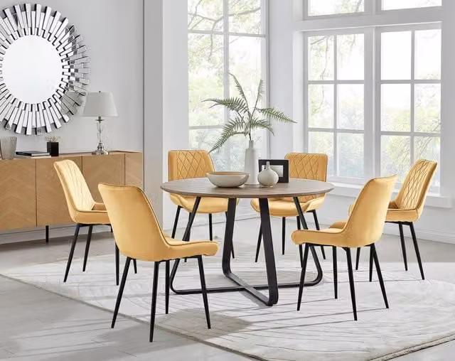 FurnitureboxUK Santorini Brown Round Dining Table and 6 Pesaro Mustard Chairs with Black Legs – 1
