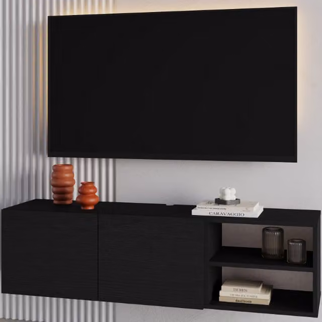 Decortie Modern Floating TV Stand for 50 Inch TVs in Matt Black Wood