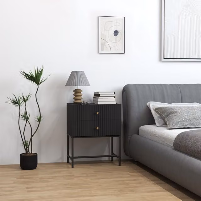 HOMCOM Modern Bedside Table with 2 Drawers in Black and Gold – 1
