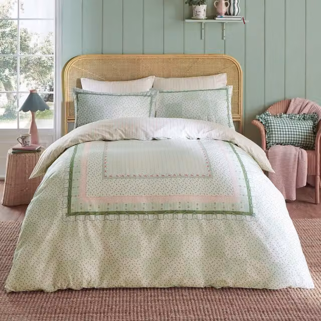 Cath Kidston Archive Book Floral Cotton Percale Duvet Cover Bedding Set in Green