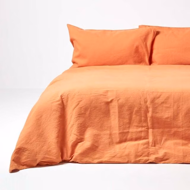 Homescapes Plain Orange Linen and Combed Cotton Duvet Cover Set with Pillowcase, W: 140 cm, L: 200 cm