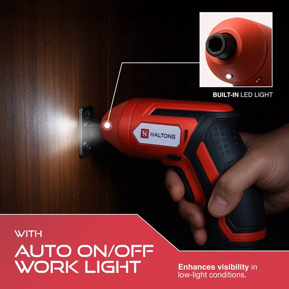 Haltons 25-Piece Red Cordless Electric Screwdriver Set with 3.6V Rechargeable Battery, 5.0Nm Torque and LED Light – 5
