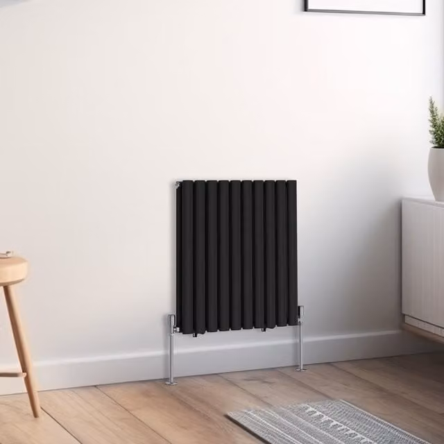 Oval Double Panel Horizontal Radiator in Black, Height: 60 cm, Width: 59 cm