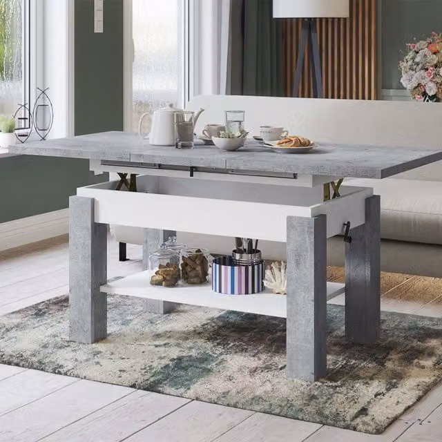 Heze Furniture Astoria 2 in 1 Extending Coffee or Dining Table in Concrete and White