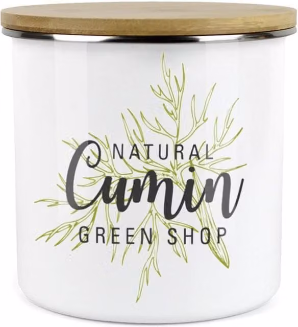 Purely Home Green Label Cumin Herbs Storage Canister in White and Green Enamel Metal