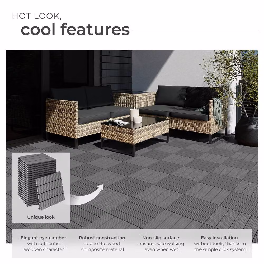 tectake Set of 22 Grey Tegulas Click System Plastic Patio Tiles – 3