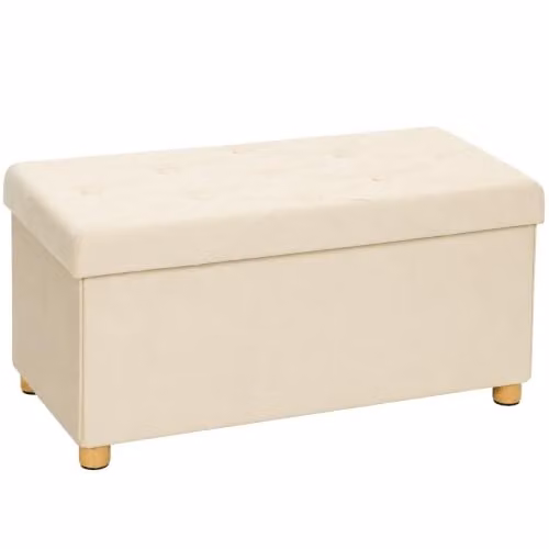 HOMCOM Velvet Storage Ottoman Bench with Wood Legs, Beige