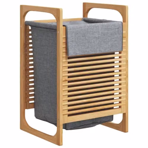vidaXL Bamboo Laundry Basket with Grey Removable Bag and Lid, W/D/H: 32 x 30 x 36.5 cm – 1