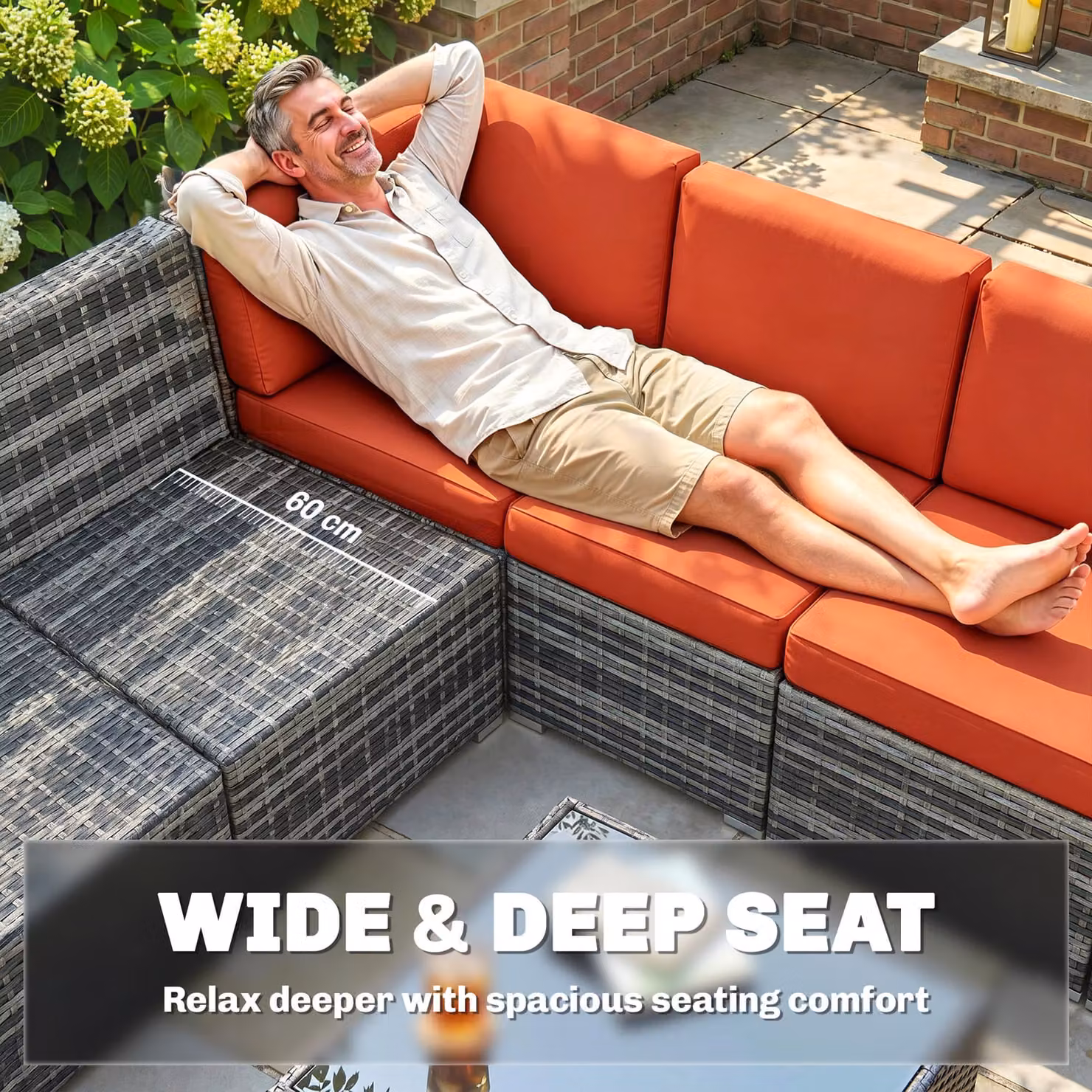 Outsunny Eight-Piece L-Shape Rattan Sofa Set with Upholstered Cushions in Orange and Grey – 5