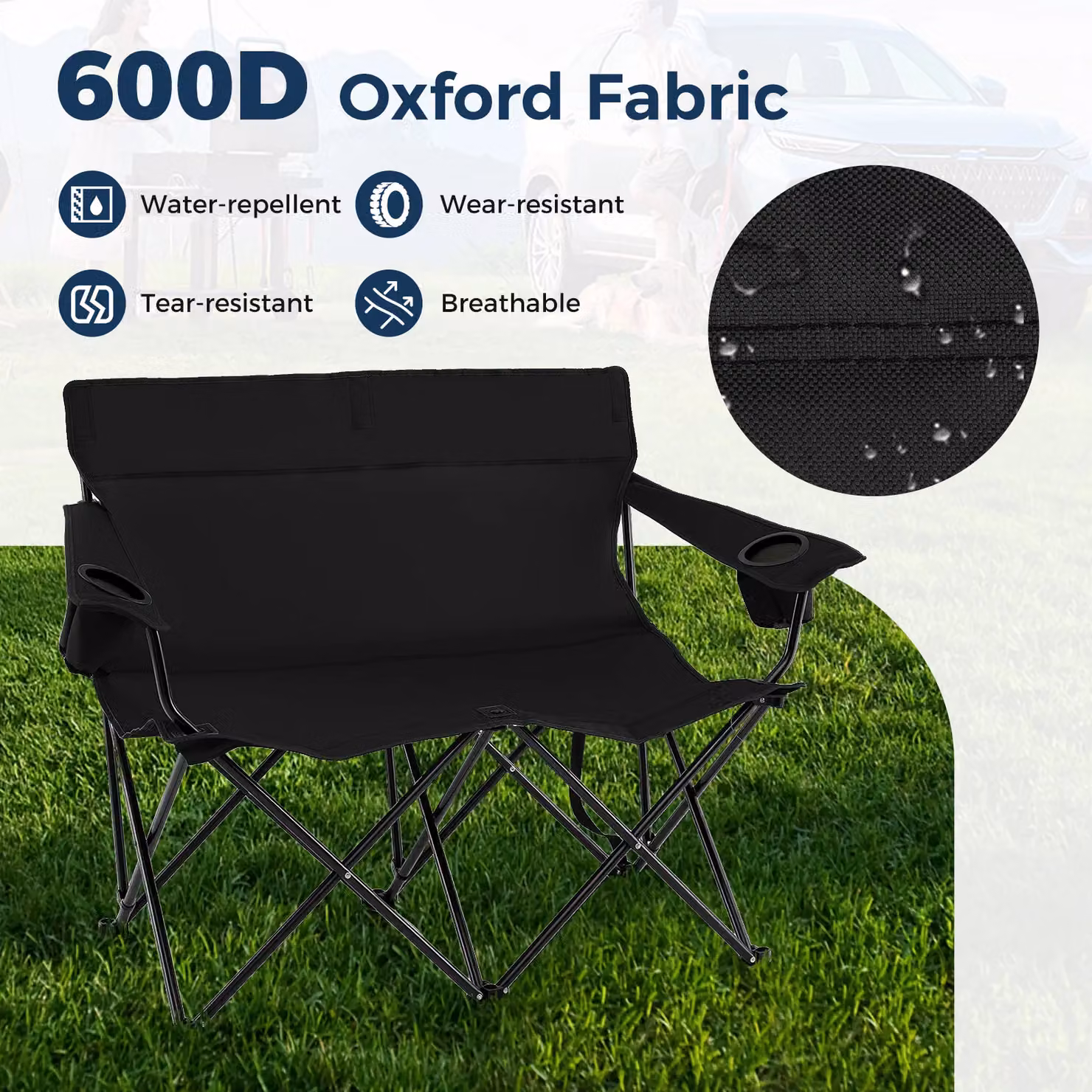 Gymax Oversized Double Camping Chair for 2 Adults in Black with Armrests and Cup Holders – 3