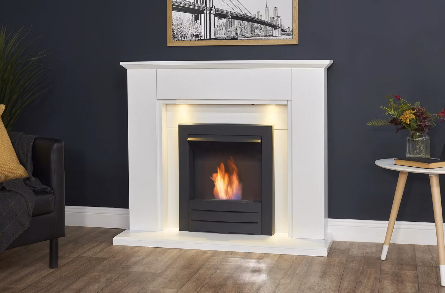 Adam Fires & Fireplaces Eltham Wall Mounted Fireplace in Pure White with Downlights and Colorado Black Bio Ethanol Burner, 45 Inch, Grey – 2