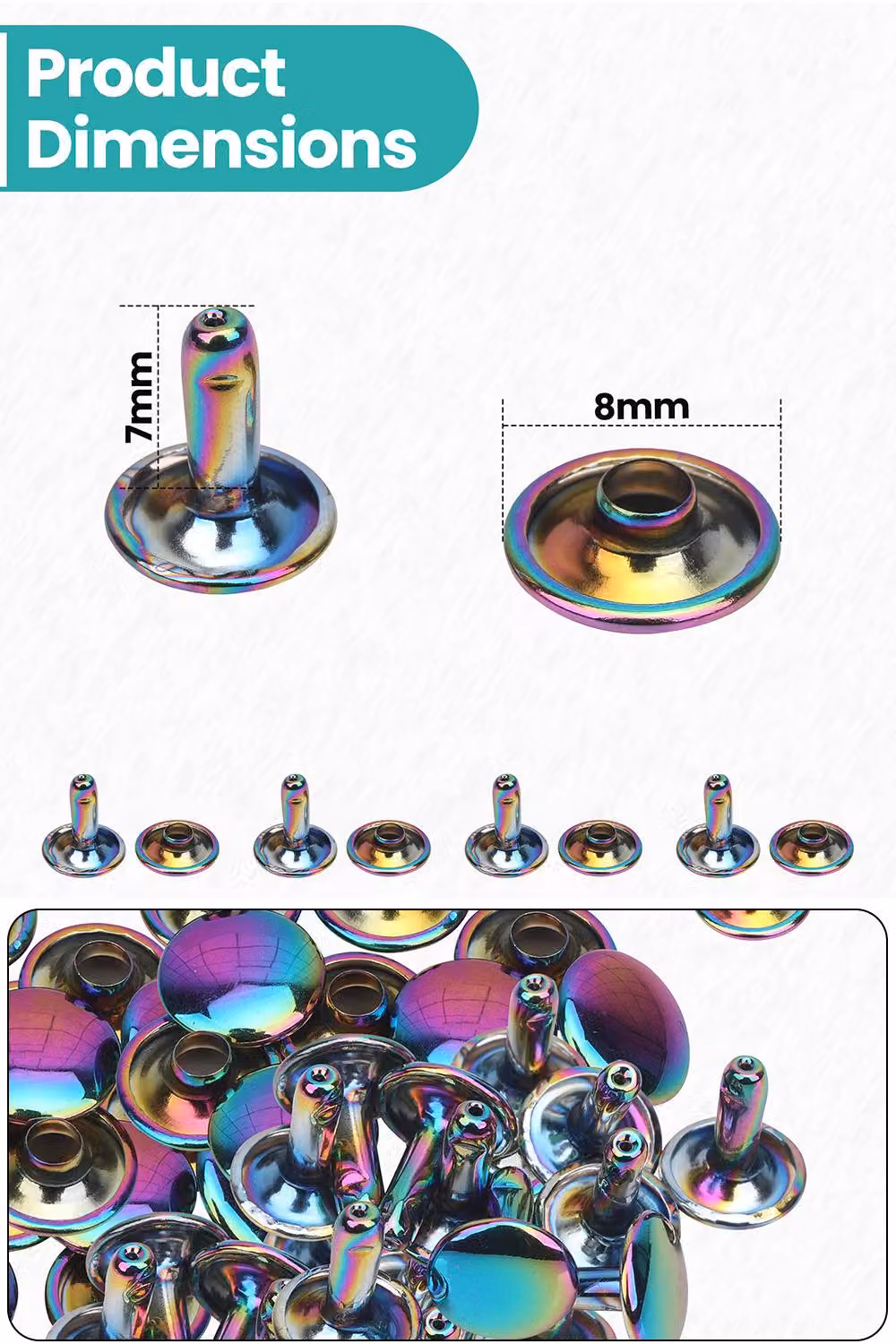 Neel Blue 8mm Rainbow Double Cap Tubular Metal Rivets and Studs – 2