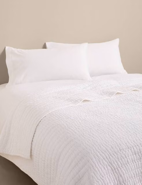 M&S White Pure Linen and Cotton Quilted Bedspread