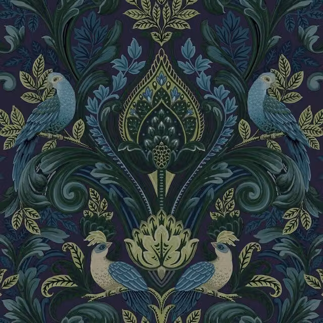 Grandeco Peacock and Leaf Scrolls Opulent Damask Textured Wallpaper in Green and Blue