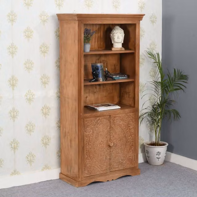 IH Design Rustic Carved Mango Wood Corner Bookcase with 3 Shelves and 1 Door in Brown