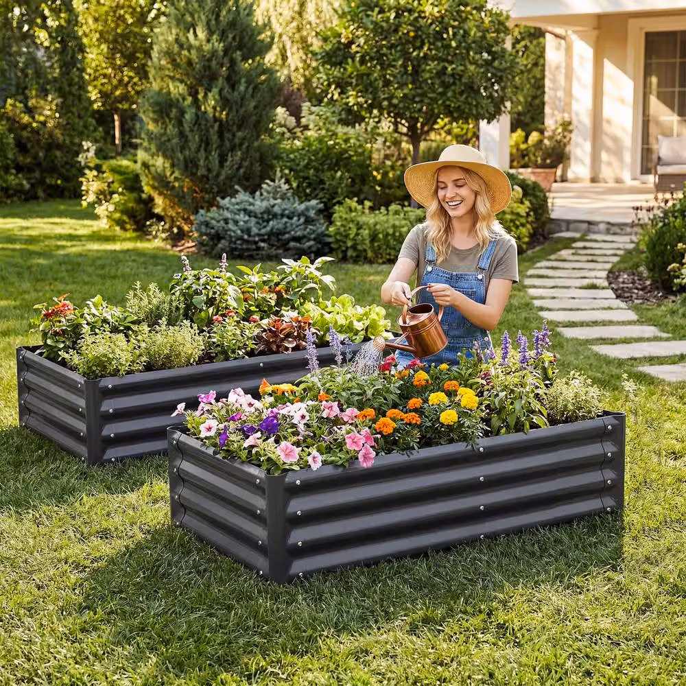Costway Galvanised Steel Raised Garden Bed Metal Planter Box, Grey, W: 123 cm, D: 64 cm, H: 29 cm – 9