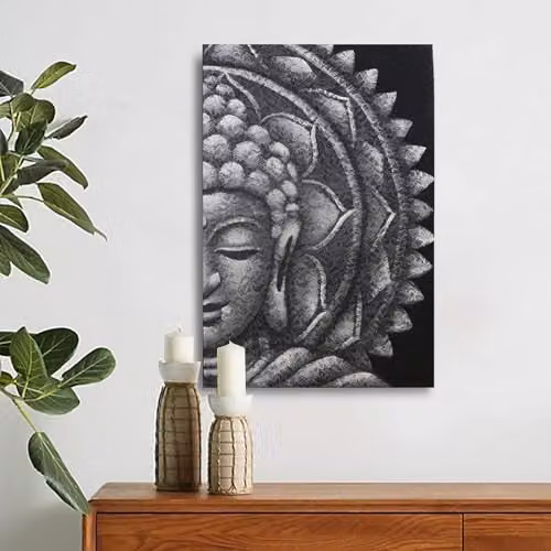 Ancient Wisdom Grey Half Buddha Mandala Canvas Wall Art, W: 60 cm, H: 80 cm – 2