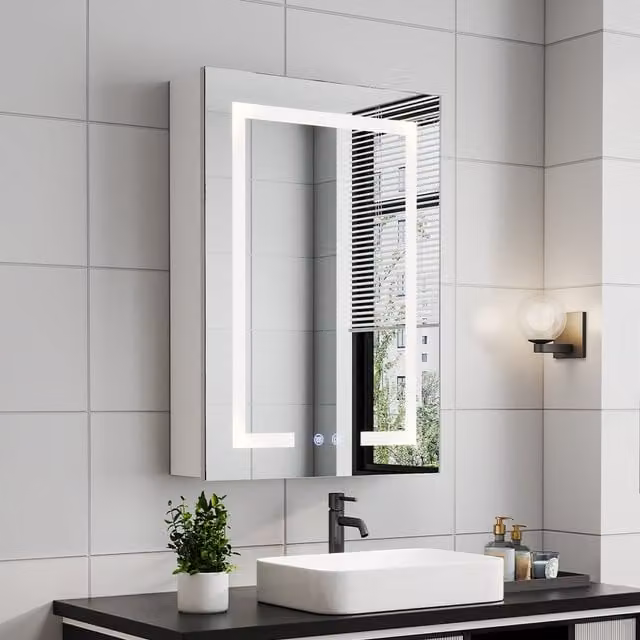 Livingandhome White Anti Fog LED Dimmable Mirror Cabinet with Shaver Socket and Internal Shelves, Width: 45 cm