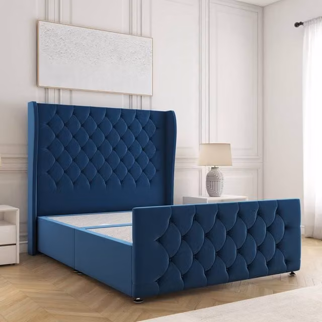 BSSPOKE Anna Divan Bed in Blue Plush Velvet with 54 inch Headboard, Single Size