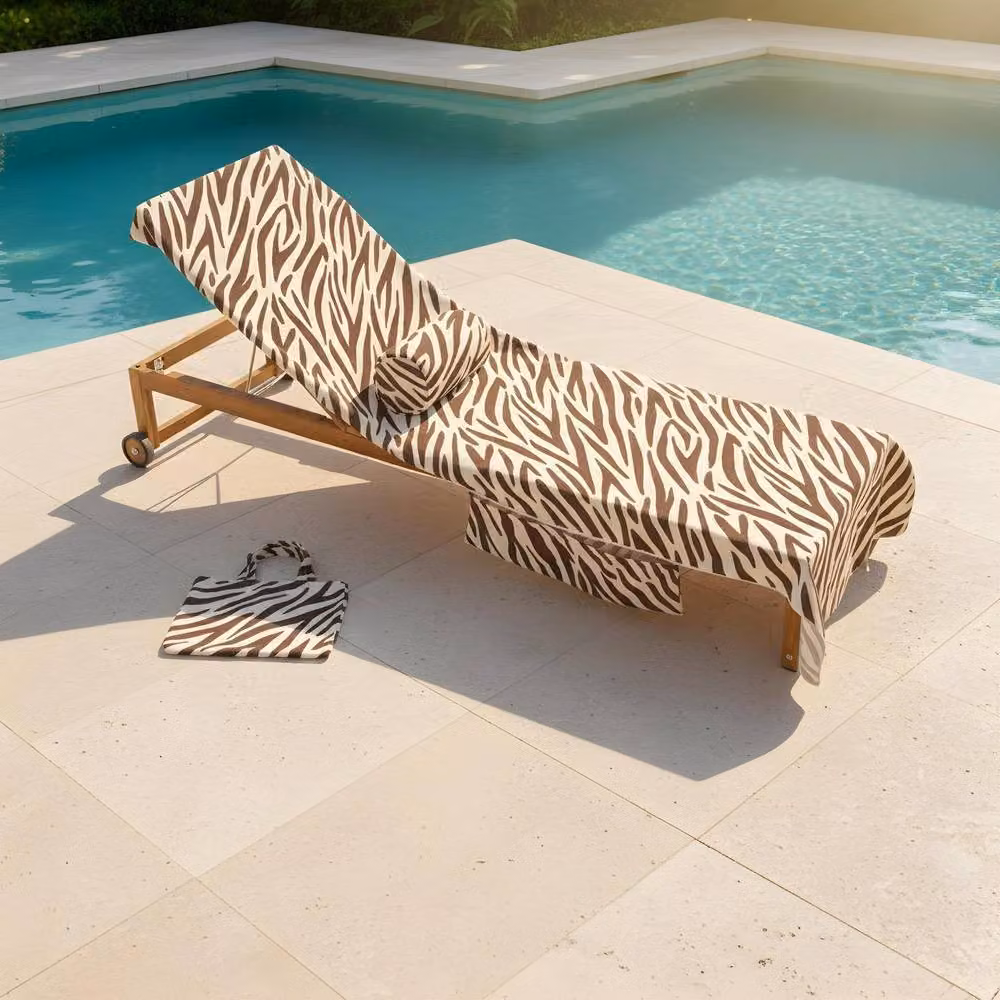 OHS Zebra Brown Microfibre Beach Towel and Inflatable Bolster Pillow Set with Storage Bag – 5
