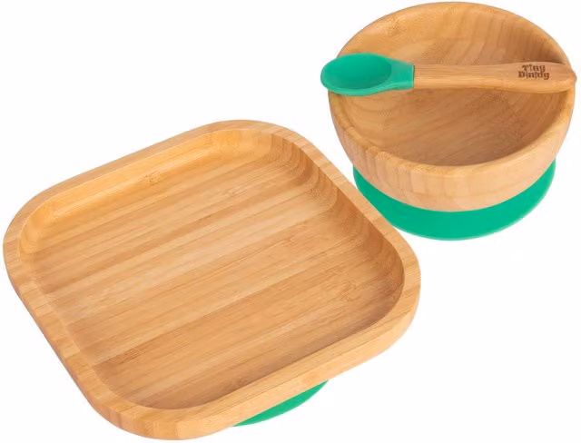 Tiny Dining Children's Bamboo and Silicone Suction Square Dinner Set in Green