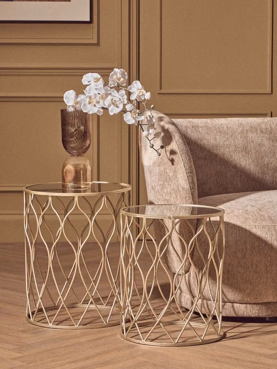 Orsina Set of Two Industrial Round Nested Side Tables with Gold Metal and Transparent Glass Tops – 2