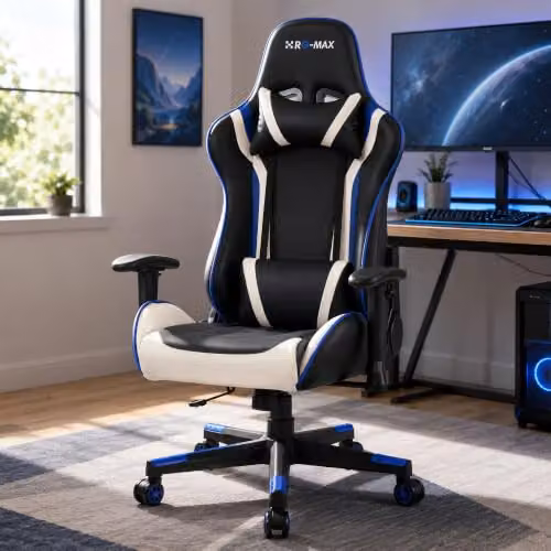 RayGar RG-MAX Pro Reclining Sports Racing Gaming Office Chair in Blue with Faux Leather and Headrest