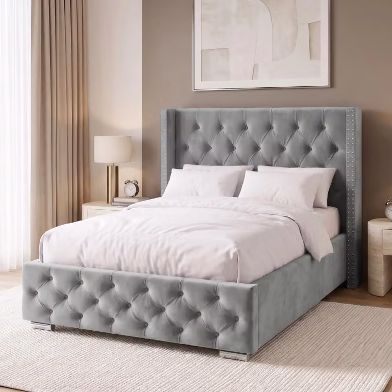 DHS Cross Pattern Velvet Ottoman Storage Bed with Winged Headboard in Light Grey, Small Double (4ft), W/D/H: 120 x 200 cm