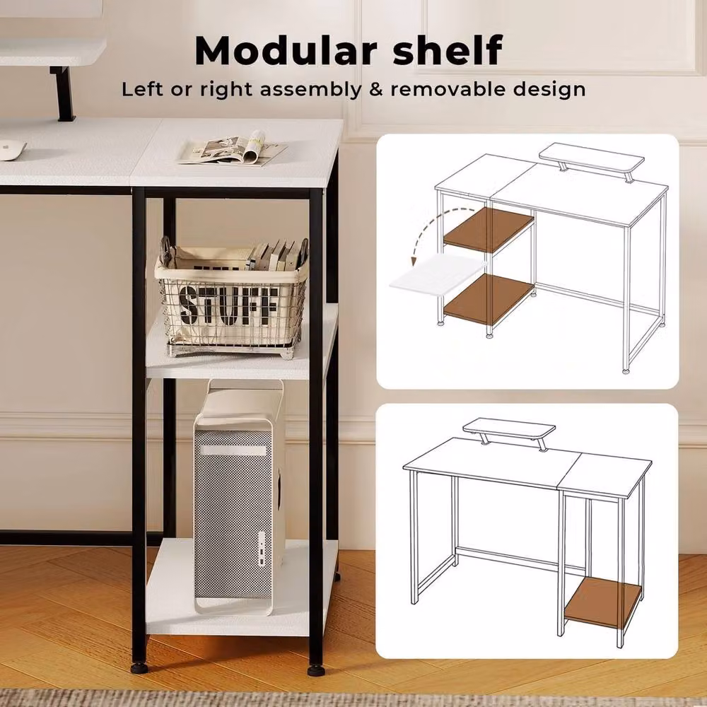 FORGEVIO Modern White Computer Desk with Storage Shelves and Monitor Stand, W/D/H: 100 x 50 x 76 cm – 4