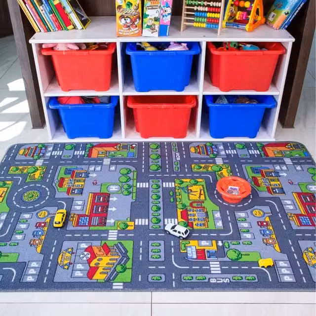 The Rug House Kids Interactive Roads Play Mat Soft Bedroom Rug, Grey and Multicolour, W: 165 cm, D: 100 cm